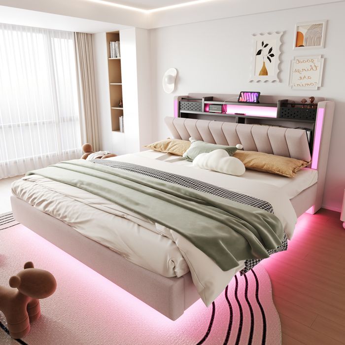 Lit capitonné 160x200 cm lin beige avec LED et prise USB sommier inclus sans matelas