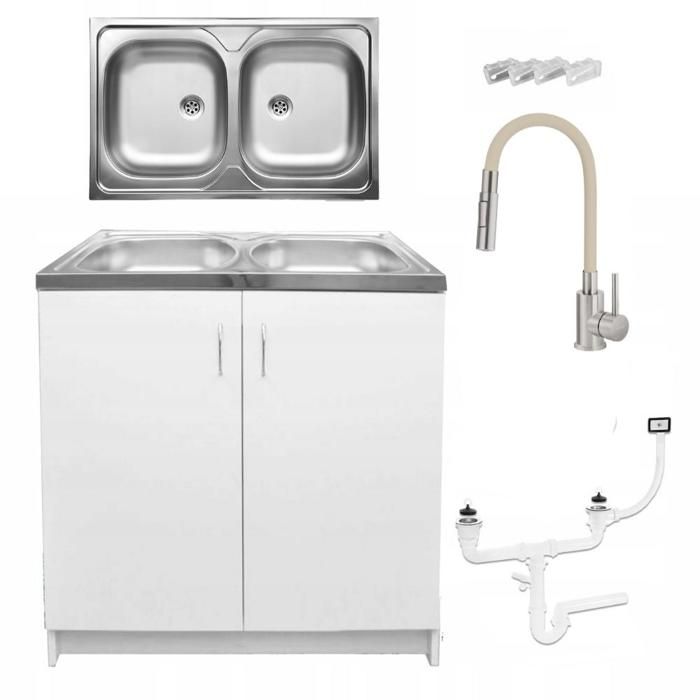 STAMAR Meuble sous Évier 80 cm Blanc + Évier Inox 2 Bacs + Robinet Extensible 2-en-1 Beige + Siphon LV - 80x49x82 cm