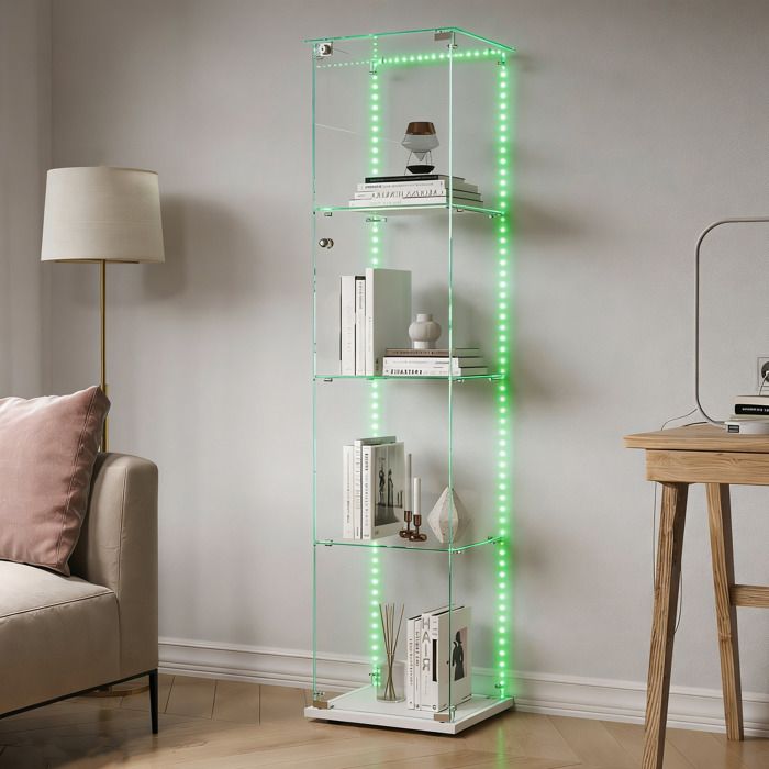 Vitrine en Verre LED - Vitrine Salon - 4 étagères Miroir - Serrure &1 Porte -Verre Trempé - Pour Collection - 39.8x35x163CM - Blanc