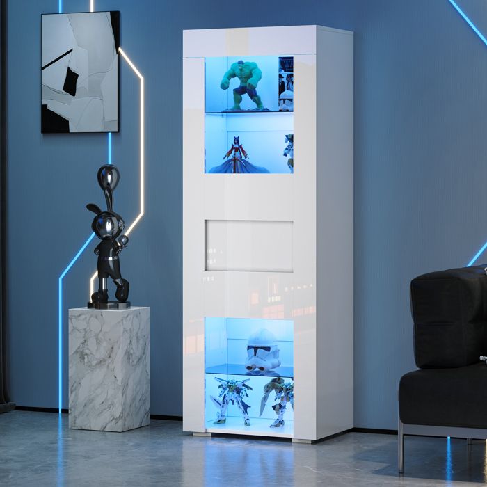 Armoire Vitrine LED avec Étagères Transparentes - Meuble design en MDF et Acrylique - 60 × 40 × 170 cm - Blanc Brillant