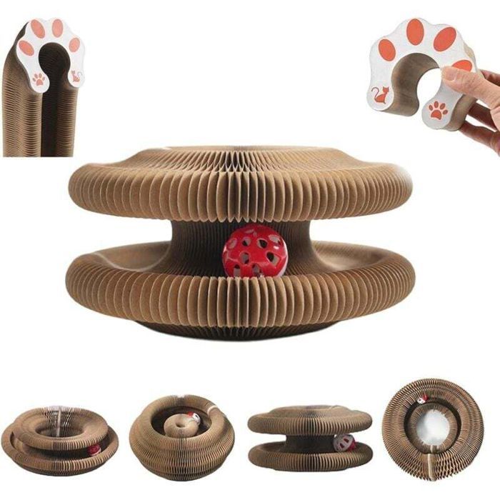 Griffoir pour chat - PZCC - Magic Organ - Carton ondulé recyclable - Sphérique avec balle cloche - 10 5x6x8 cm