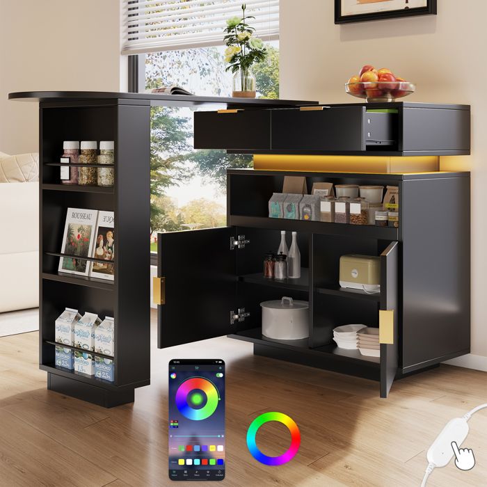 Table bar extensible 115-183 cm, îlot cuisine, rangement, éclairage LED ...