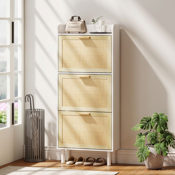 MOTHINESSTO5052-Meuble à chaussures 3 portes abattants étagère effet résine tressée design bohème 65 x 24 5 x 153 cm blanc