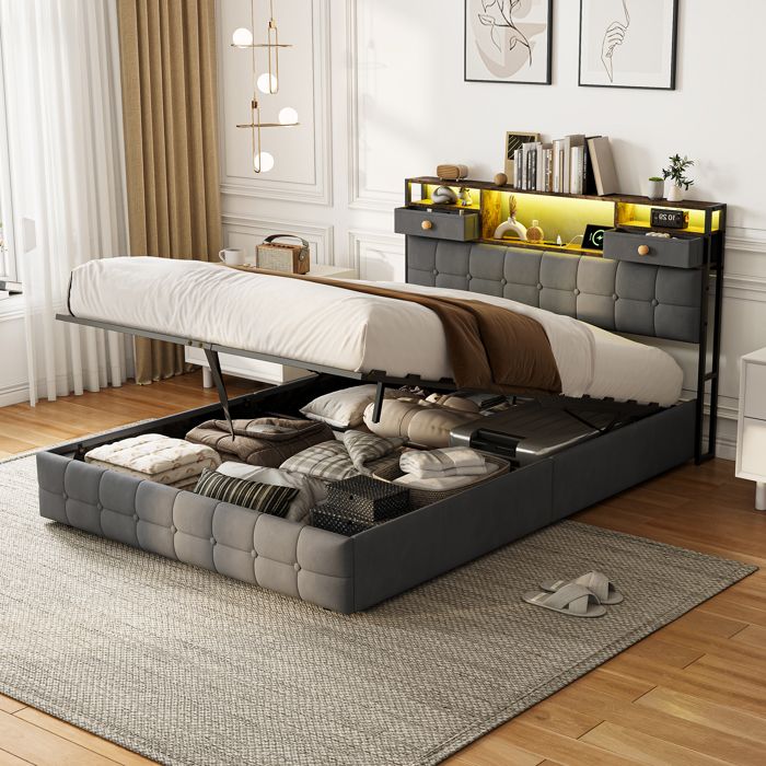 Lit coffre - URBANLUXE - 140 x 200 cm - Velours gris - LED intégrée & port USB - Sommier à lattes avec coffre