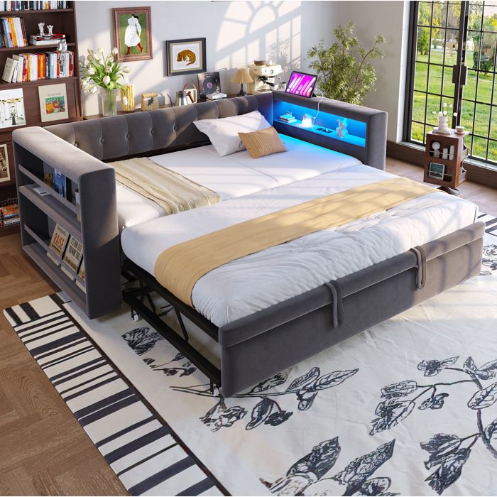 Canapé-lit multifonctionnel avec rangements intégrés et LED - TCQPZ - en flanelle gris foncé 180 × 190 cm