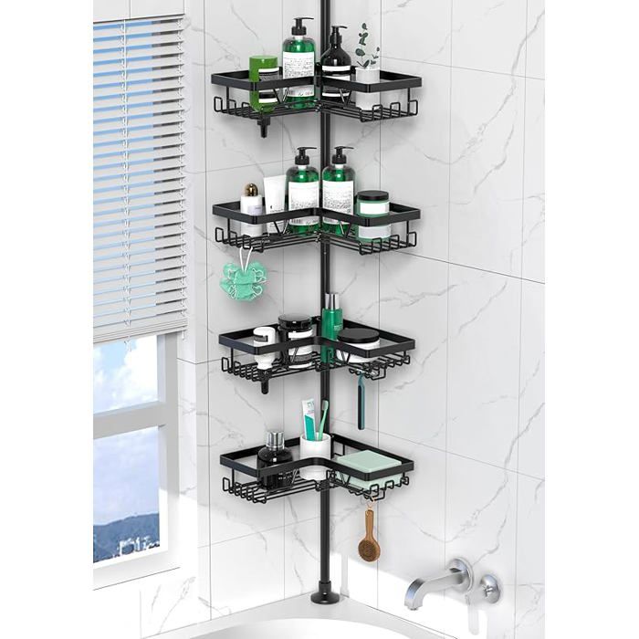 Etagere DoucheEtagere Telescopique Douche sans Percageavec 4 paniersétagère de Salle de Bain(Noir) 046H