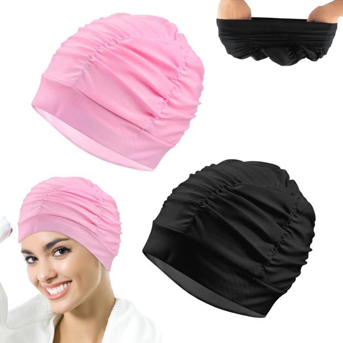 2 Pièces Bonnets de Bain Élastique Bonnet de Natation Femme Cheveux Long Bonnet de Piscine en Tissu Polyester Extensible Bonnets