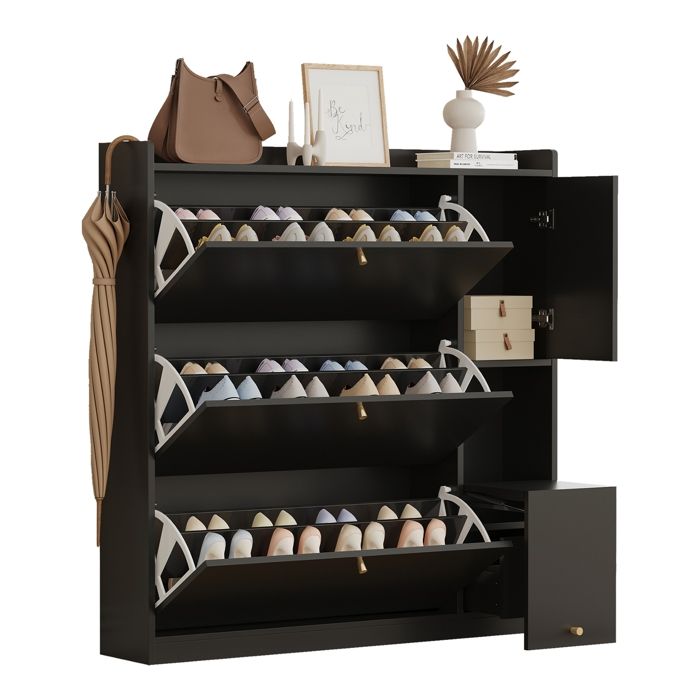 Meuble à chaussures avec 3 tiroirs pliants étagère à chaussures autoportante avec banc rabattable pour couloir noir 119×24×122cm