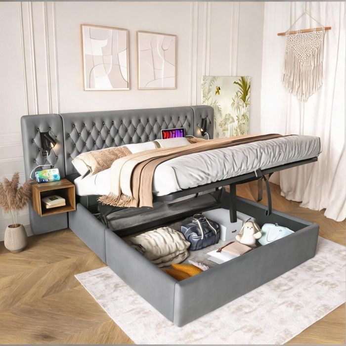 Ensemble chambre complet avec lit double 160x200 cm rangement hydraulique chevets et liseuses USB-C gris velours