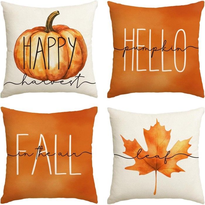 Housses de coussin lot de 4 pièces motif automnal citrouilles et feuilles d’érable 45 x 45 cm fermeture éclair invisible