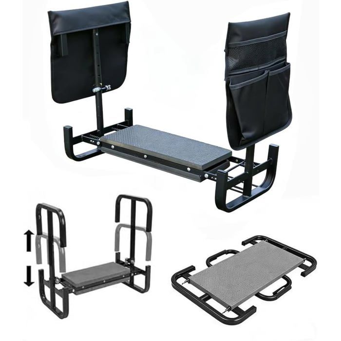Banc de jardin pliant 2 en 1 - Tabouret à agenouiller avec repose-genoux 60x52x27cm Coussin EVA souple pochette rangement Noir