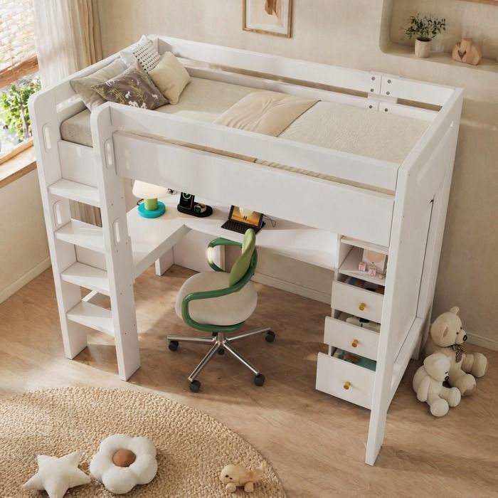 Lit mezzanine enfant 90 x 200 cm - bureau dangle 3 tiroirs 3 étagères USB/Type-C blanc