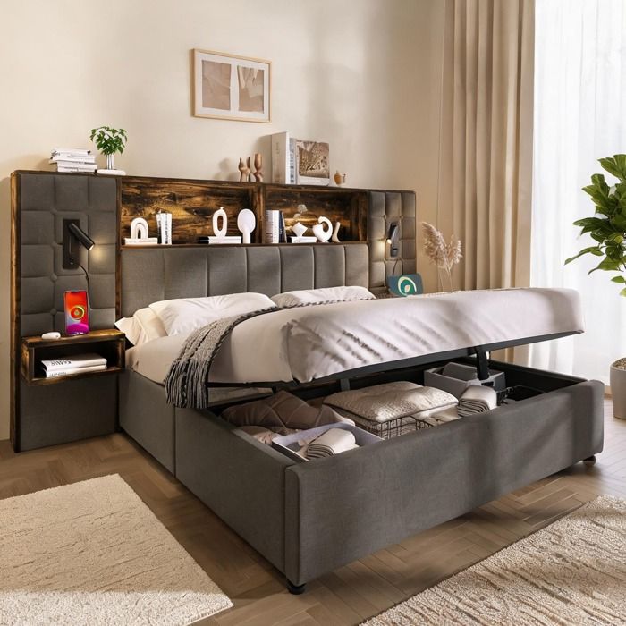 Lit avec rangement et chevets intégrés 160x200 cm lin gris LED et USB-C