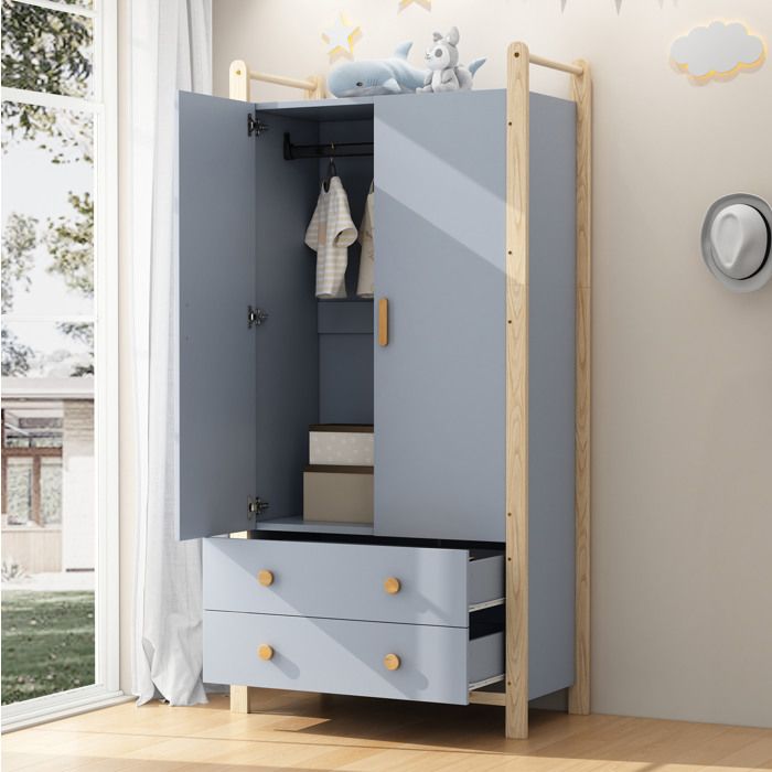 JOINERY armoire chambre rangement 2 portes 2 tiroirs meuble compact 89 6 x 44 x 180 5 cm bleu pin avec tringle vêtements