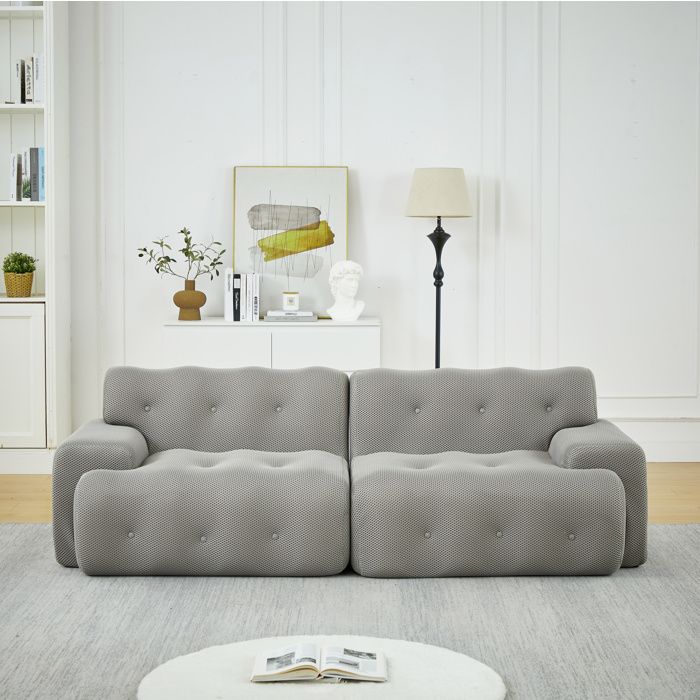 Canapé Droit 2 Places Sans Montage avec Accoudoirs Larges et Capitonnage à Boutons - TCQPZ - Tissu Gris 224 × 104 × 66 cm