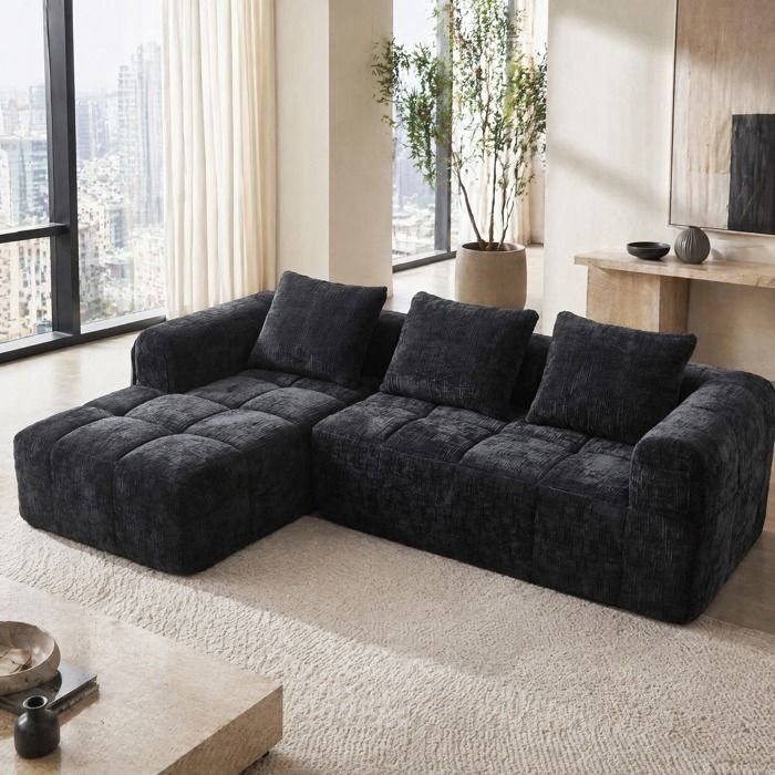 Canapé dangle modulable 3 places avec méridienne et poches latérales - TCQPZ - chenille noir 250 × 158 × 60 cm