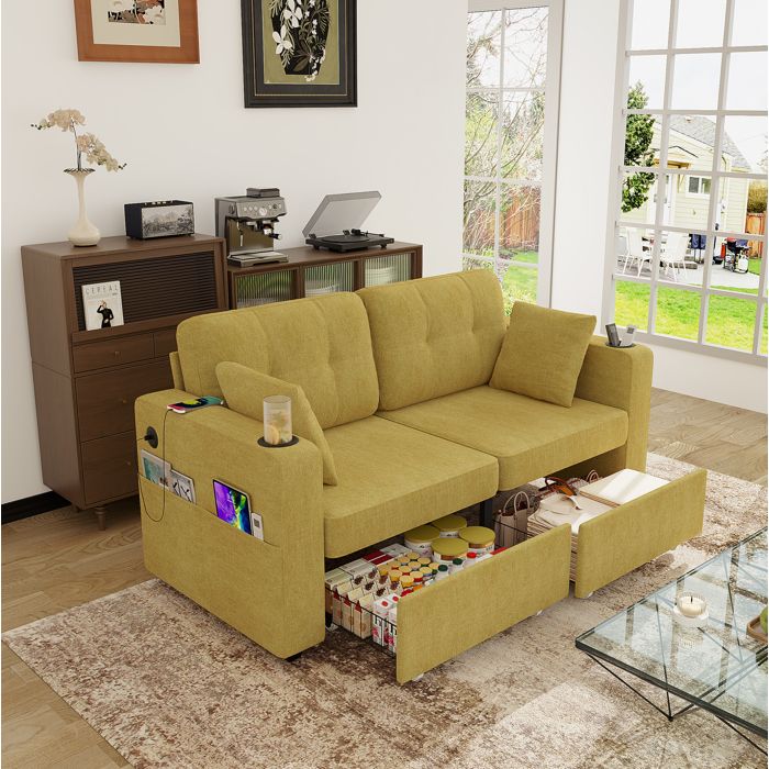 ROVRYN Canapé fixe 2 places 172 x 75 x 82 cm chenille jaune moutarde avec 2 tiroirs USB et porte-gobelets