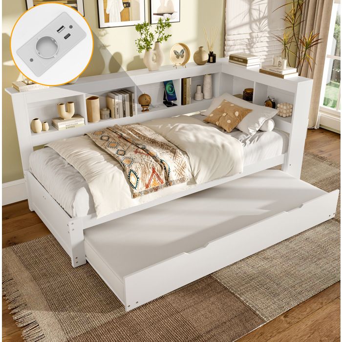 JOINERY lit gigogne de jour rangement 90 x 200 cm avec lit tiroir 90 x 190 cm prise 2 USB sommier à lattes blanc sans matelas