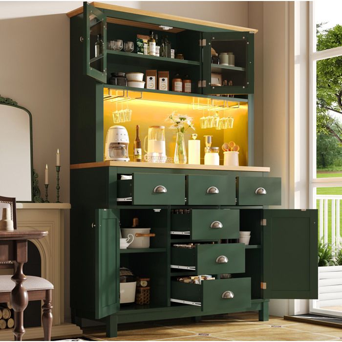 COVREO Buffet de cuisine vert 104 x 40 x 180 cm 4 portes LED rangements MDF style campagne