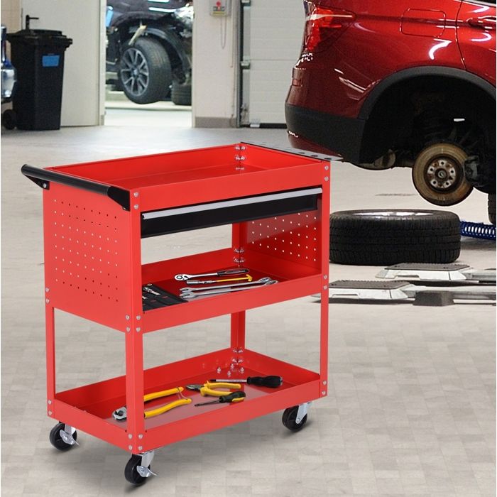 Servante datelier chariot a outils 3 niveaux avec tiroir coulissant 4 roulettes acier rouge 82 x 35 x 76 cm ORVRYN