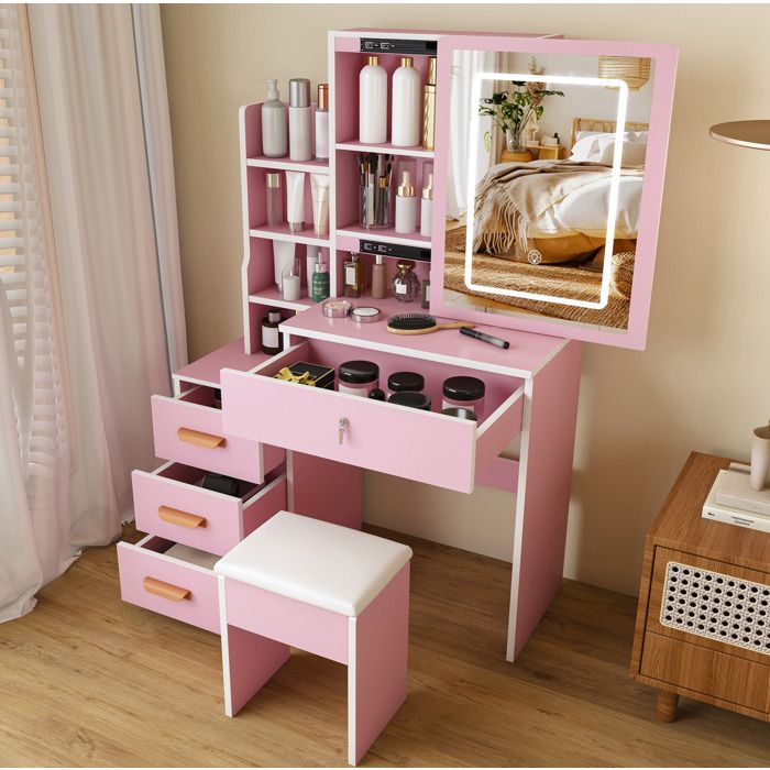 Coiffeuse avec miroir LED 4 tiroirs tabouret et rangements - MEUNIQ - 3 lumières chambre 85×36×130 cm