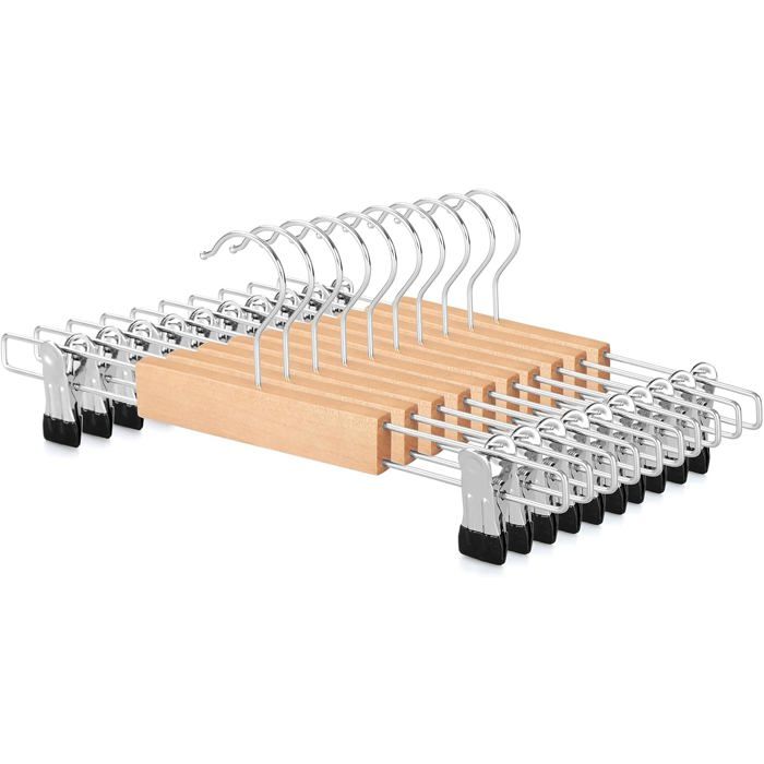 Lot de 10 cintres en bois massif 33 cm - pince antidérapante - crochet pivotant 360° - pour pantalon jupe jean