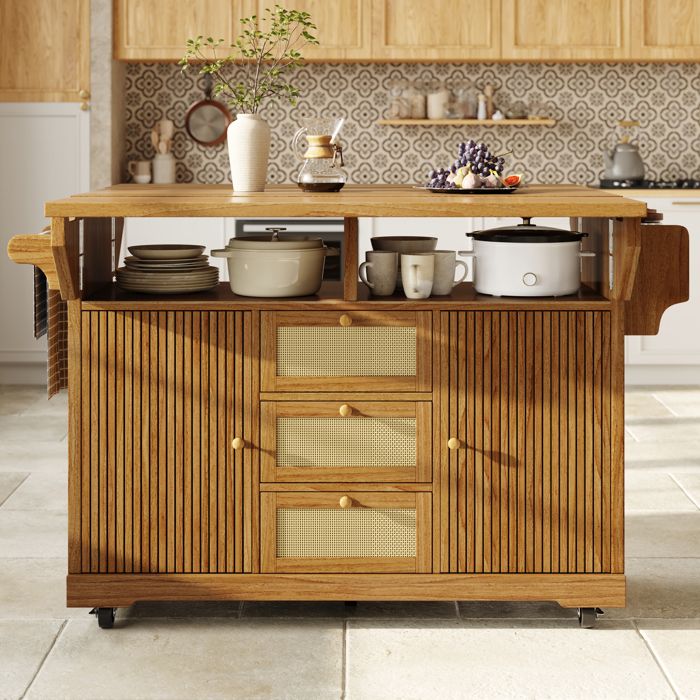 Desserte de cuisine pliante 95 cm chariot de cuisine mobile avec tiroirs en rotin PE rangement et plateau extensible marron foncé