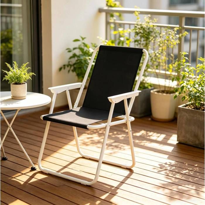 Fauteuil de jardin pliant léger avec accoudoirs et dossier - HAVRYA - sans montage tube en fer tissu Oxford noir