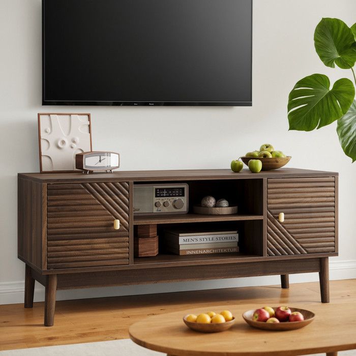 Meuble TV 110x40x48cm - 2 Portes - Couleur noyer - Banc TV avec 1 Étagères Réglables- pour Télévisions 45 Pouces