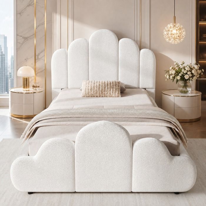Lit enfant capitonné 90 x 200 cm bouclé beige avec sommier à lattes et bords arrondis