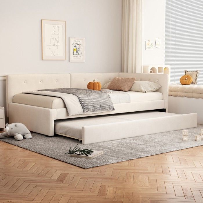 Lit canapé simple 90x200cm avec lit gigogne beige design moderne tissu rembourré sans matelas Lit canapé simple 90x200cm avec lit gigogne beige design moderne tissu rembourré sans matelas