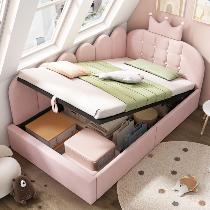 Lit de jour rose 199 x 96 x 96 cm avec coffre de rangement hydraulique structure en L réversible tête couronne velours