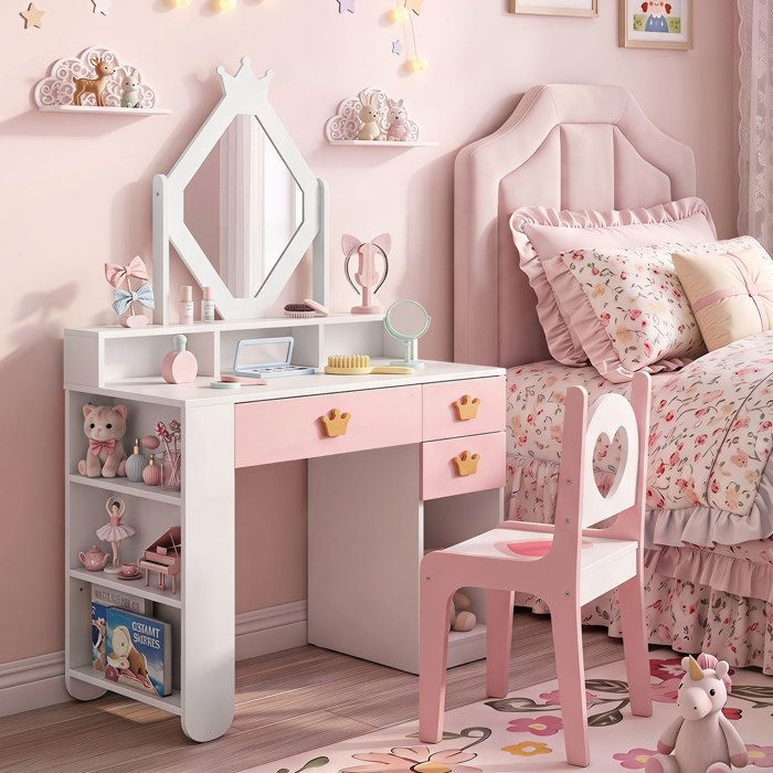 Coiffeuse Enfant Fille avec Chaise-COSTWAY-avec Miroir Losange Grand Espace de Rangement Bureau Enfant avec Bibliothèque 3 Tiroirs Coiffeuse Enfant Fille avec Chaise-COSTWAY-avec Miroir Losange Grand Espace de Rangement Bureau Enfant avec Bibliothèque 3 Tiroirs