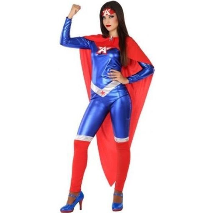 Déguisement Captain Comics Femme XL - ATOSA - Costume Super Héroïne - Combinaison bleue et cape rouge