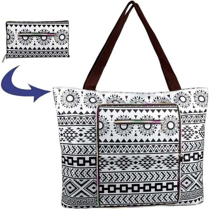 VASCHY Sac de Plage, Résistant à l'Eau Grand Cabas Femme Pliable Léger Sac à Bandoulière d'Été avec Fermeture à Glissière et Multi-Poches pour Vacances, Voyage,Plage,Piscine,Shopping, Gym,17.3L