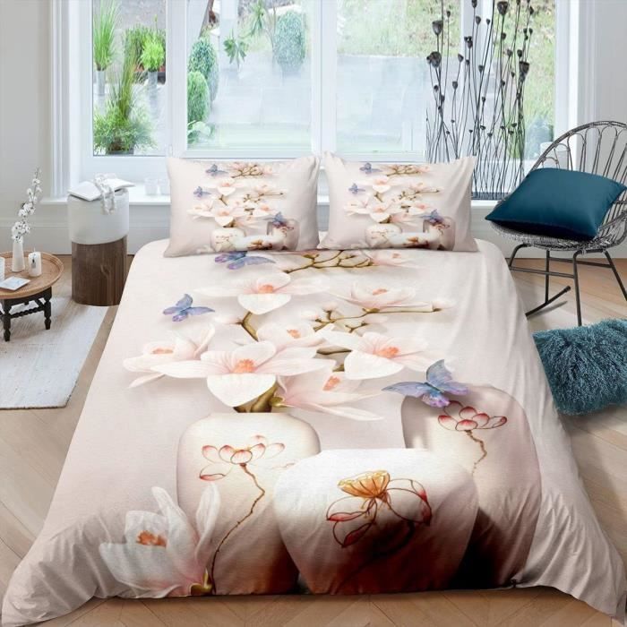 Parure De Lit 220x240 Cm Fleurs Et Papillons - Housse De Couette + 2 Taies 65x65 Cm, Microfibre Douce