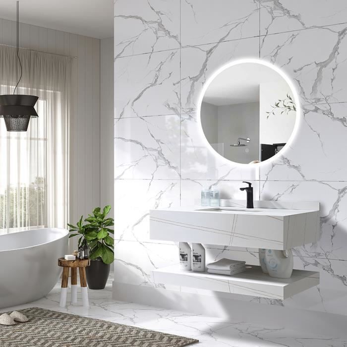 LuxuryBain - Meuble de salle de bain simple vasque 100cm effet marbre blanc et doré avec miroir led