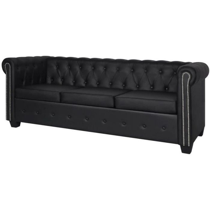 canapé chesterfield à 3 places en cuir synthétique durable et confortable design elégant noir 200,5 x 76 x 70 cm