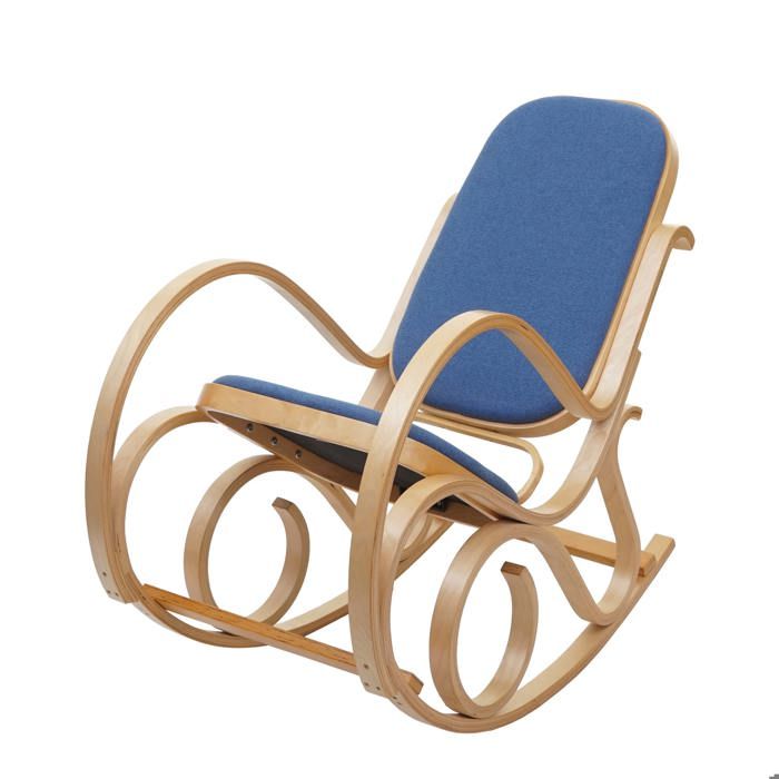 fauteuil à bascule en bois clair - rocking chair - assise en tissu bleu