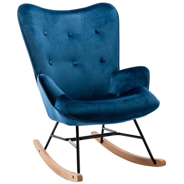 fauteuil à bascule rocking chair bouton decoratif en tissu velours bleu confortable et design