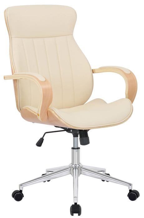 fauteuil de bureau avec roulettes synthetique crème et bois clair hauteur reglable