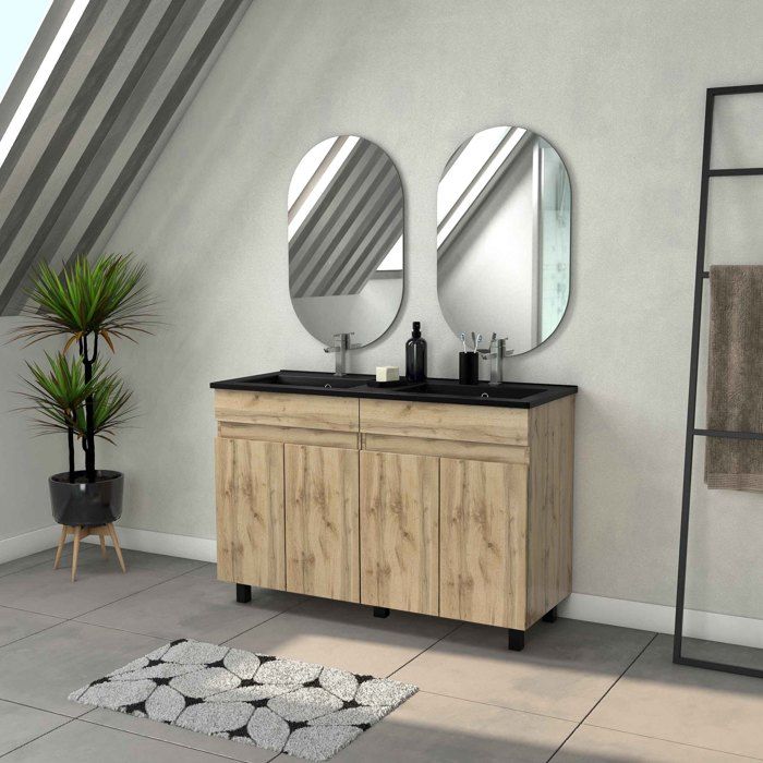 Meuble Salle de Bains 120cm 4 Portes Chêne Naturel + Vasque Noire et Miroirs Ovales