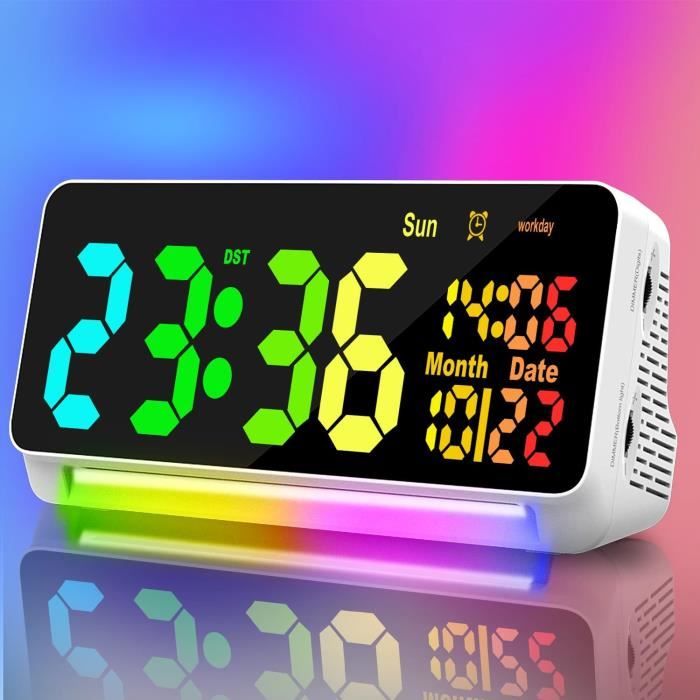 Réveil Lumineux RGB Avec Contrôle Vocal - Luminosité Réglable, Alarme Double, Mode Week-End, USB