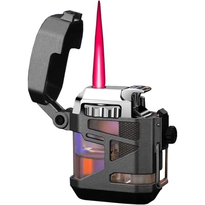 Briquet Coupe-Vent Métal Rechargeable – Grande Flamme Réglable, Verrou Sécurité, Idéal Camping, Barbecue, Cuisine Extérieure (Noir)