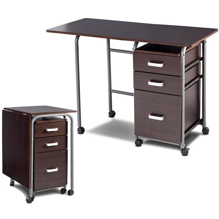 COSTWAY Bureau Pliable sur Roulettes - 3 Tiroirs - 105 x 50 x 75 CM, Cadre en Métal pour Dortoir, Appartement Marron