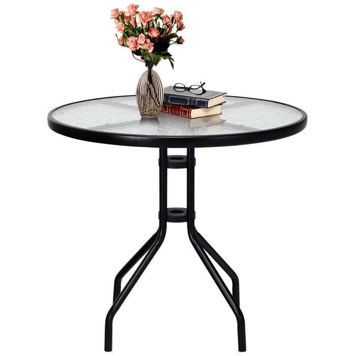 COSTWAY Table de Jardin Ronde en Verre Trempé 70 CM - Cadre en Métal Trou pour Parasol Patins Antidérapants - Piscine Balcon Cour