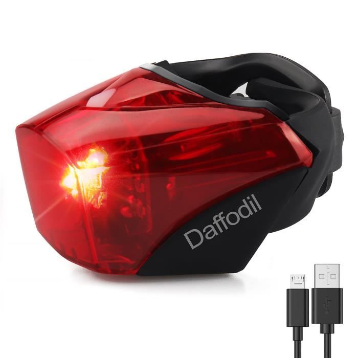 Lampe Velo LED Puissante Rechargeable Arriere - Daffodil LEC510 - Batterie USB, pour VTT Cycle, Sac, Casque, Piéton, Sécurité, Nuit