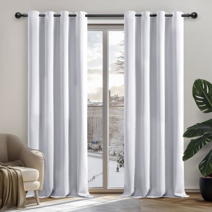 Lot De 2 Rideaux Voilages Blancs - Motif Géométique Argenté - 140x245 Cm - Pour Chambre, Salon