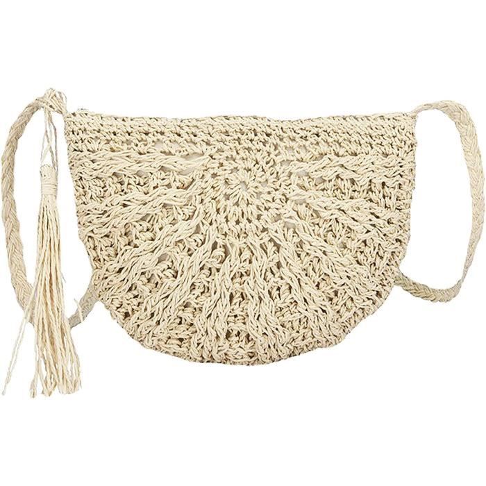 Sac En Paille Bandoulière Femme - Style Boho, Doublure Polyester, Fermeture éclair - Pour Plage, Vacances, Mariage, été