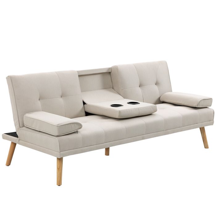 Canapé convertible - canapé-lit - HOMCOM - 3 places rembourré dossier réglable 2 coussins porte-gobelets - lin - beige